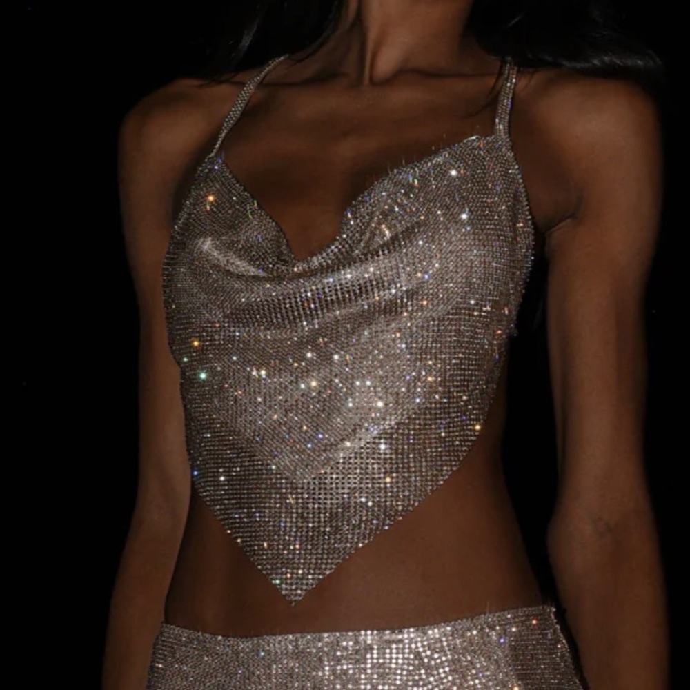Daphne Diamante Cowl Neck Halter Top - Gold size medium